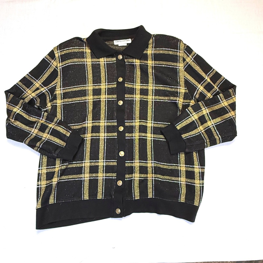 Cathy Daniels Plaid Glitter Cardigan‎ Black Gold Metallic Button Down Top Large